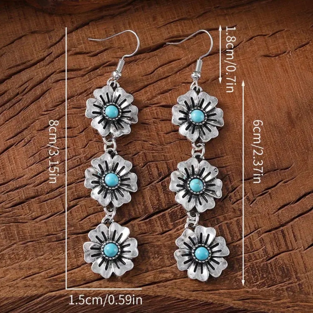 NWOT - Silver and Turquoise Floral Drop Earrings - Picture 7 of 7